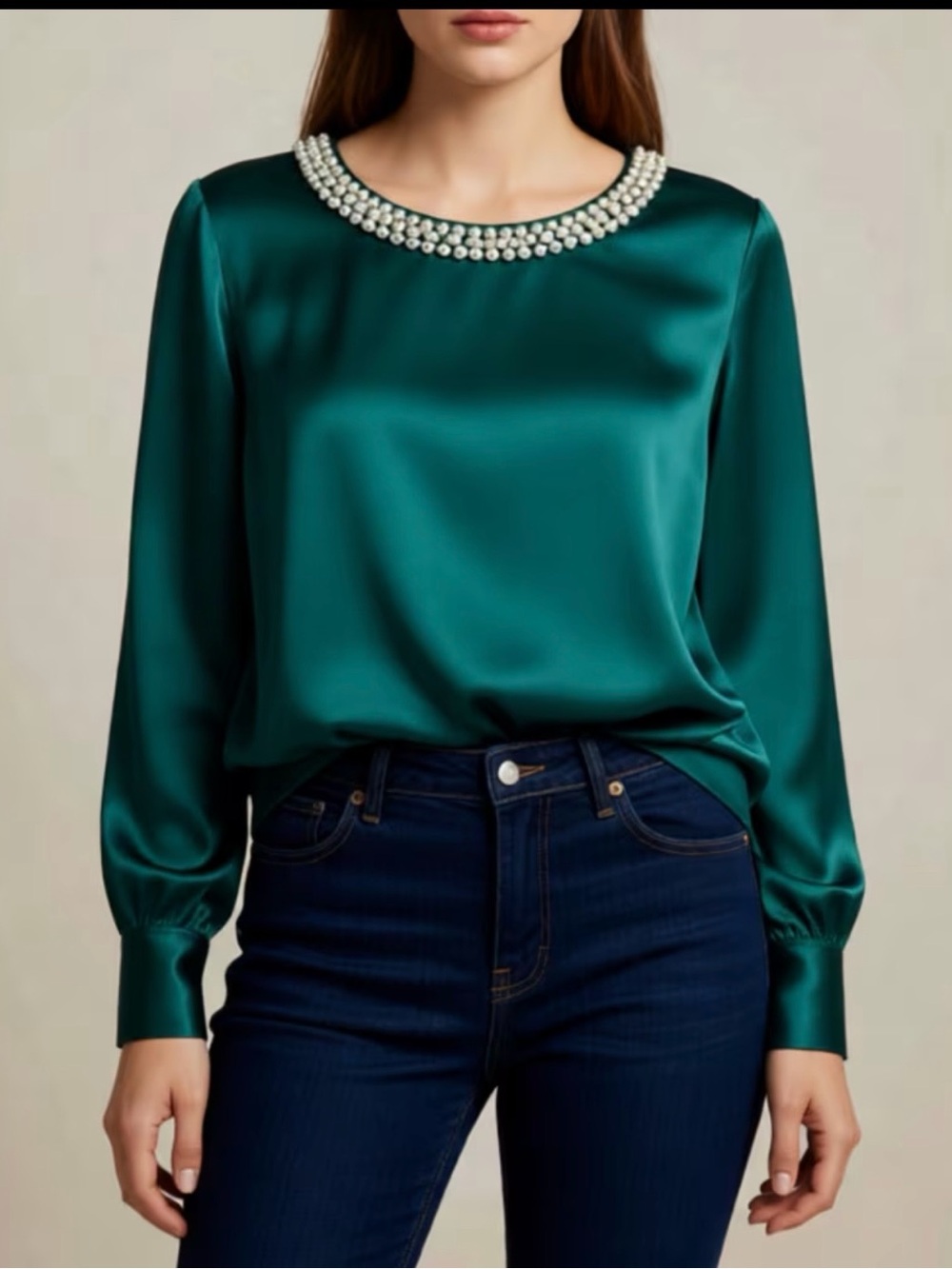 Pearl-Trim Satin Blouse - Emerald Green
